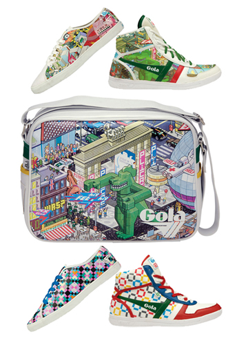 Urban Excess is proud to be selected as one of the few official Gola eBoy supplier's.  We bring to you our pick of the Gola eBoy range from bag's through to high-top trainers to canvas low top's.  Please be warned that this range will not be re-run so these are guaranteed collector's pieces, first to see will buy!

Gola Classics, the original British sports brand, has joined forces with German pixel art collective eBoy. eBoy takes its influence from various sources including pop culture, LEGO, computer games, topical issues and toy commercials to name a few.The eBoy style is a presentation of 3D isometric illustrations filled with structures, robots, cars, guns and girls.  The brand's unique style has gained it a cult status and a following with graphic designers worldwide.

The Gola eBoy range comprises of a selection of bags and footwear styles.  Design's feature 'city' options from eBoy's city themes and eBoy's signature 'Eater' character.  Materials include a mix of leather and canvas across a variety of high and low tops.

Click here to purchase the the Gola eBoy collaboration collection

Men's
Women's